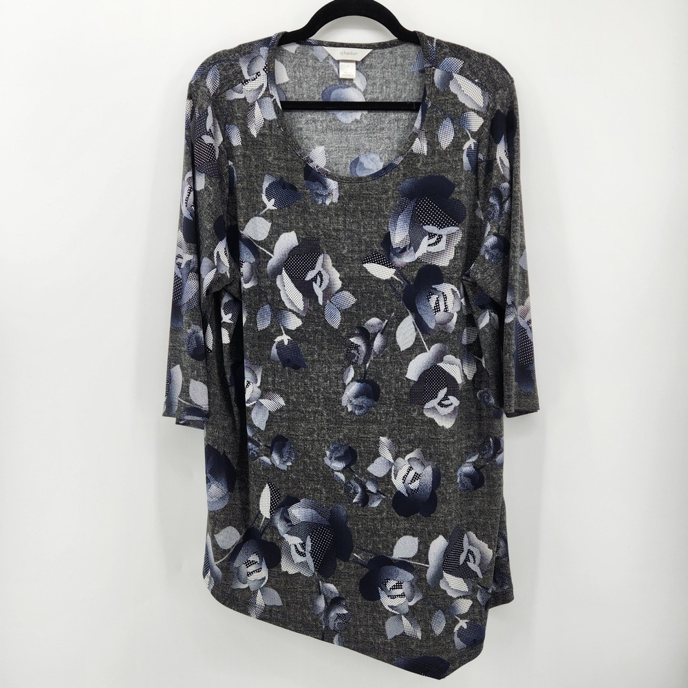 CJ‎ Banks Women's Floral Print 3/4 Sleeve Tunic Top Gray Blue 1X